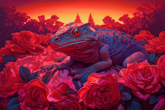 A pink iguana sleeping in a bed of roses...  Created with Generative AI technology.	