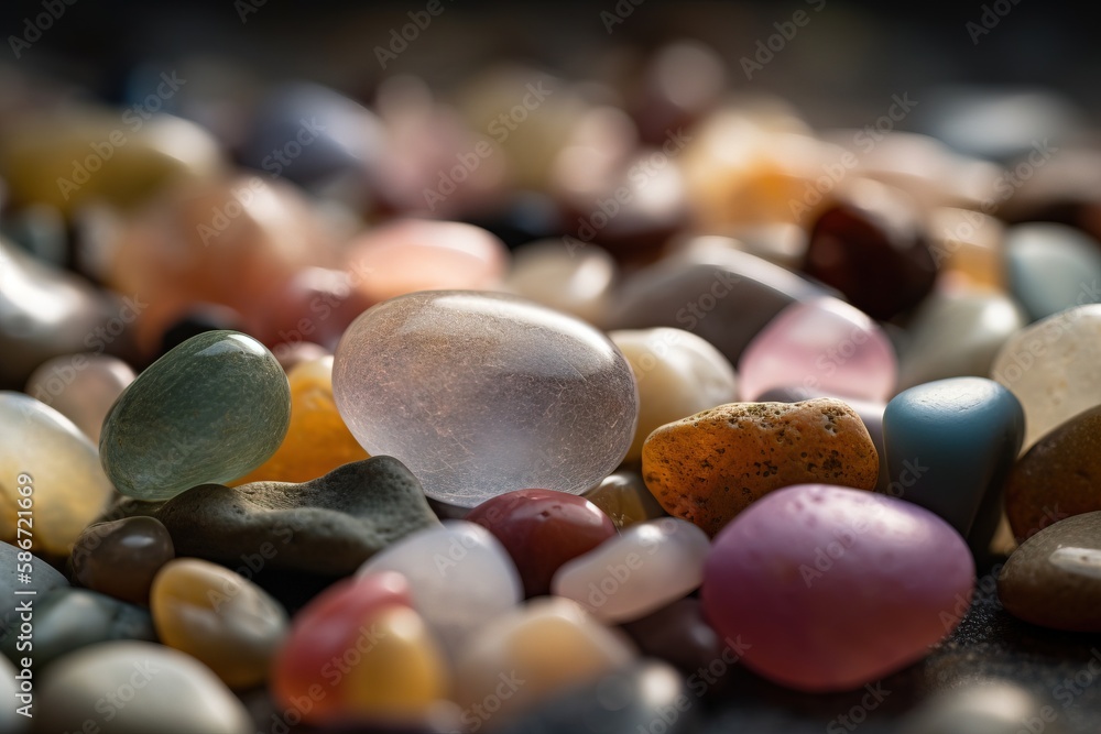 Poster a close up of a bunch of rocks and pebbles on a table with a blurry background of rocks and pebbles 