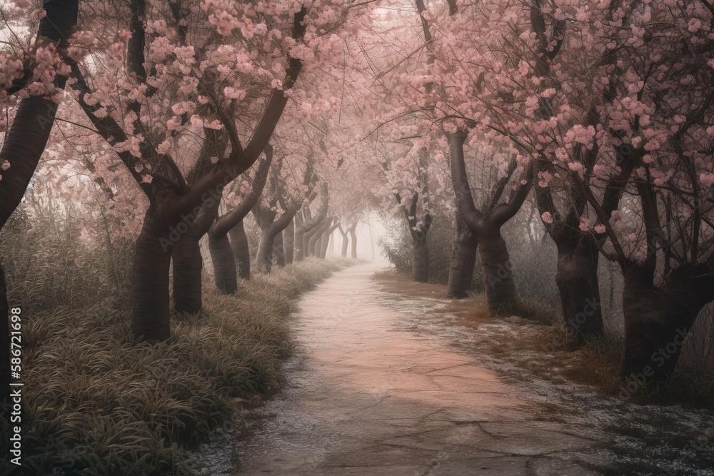 Poster a path in the middle of a forest with pink flowers on trees and a path leading to the end of the pat