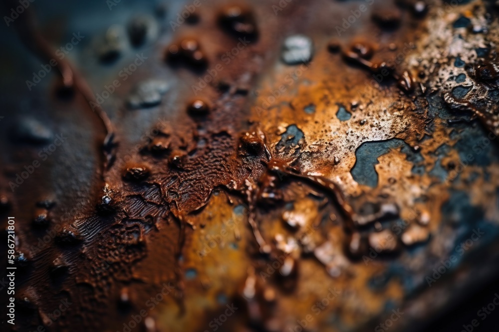 Poster a close up of a rusted metal surface with drops of water on the surface and on the surface of the su