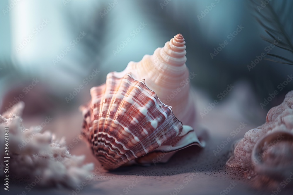 Aufkleber a seashell is sitting on the sand in the ocean with a pine branch in the background and a blurry bac