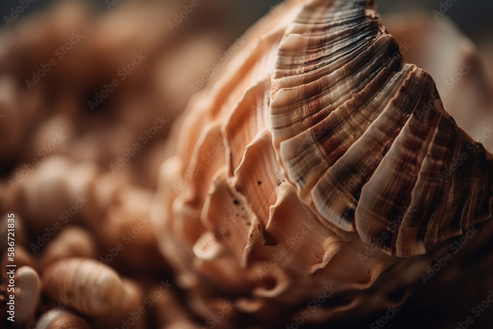 Aufkleber a close up of a sea shell with other shells in the foreground and a blurry image of the shell in the