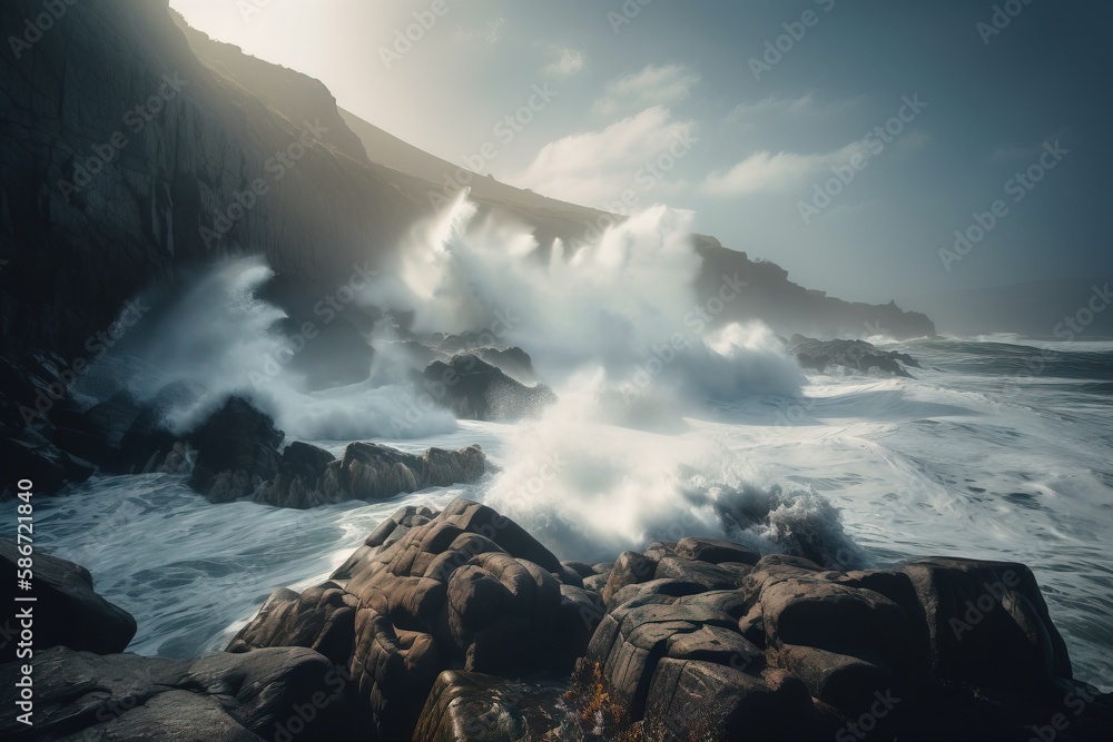 Aufkleber a large body of water with waves crashing over the top of it and rocks in the foreground and a cliff