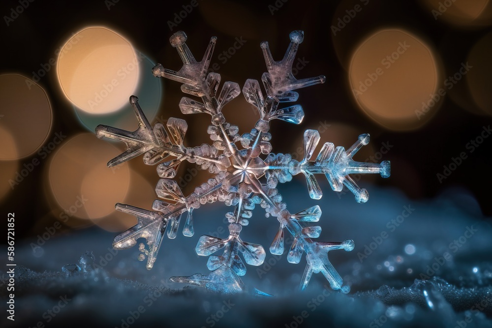 Poster a close up of a snowflake with a blurry background of lights in the background and a blurry image of