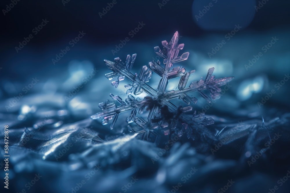 Poster a close up of a snowflake on a table top with a blurry image of the snow flakes on the table top. ge