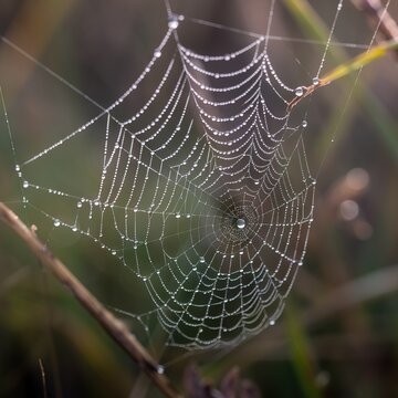  a spider web with water droplets on it in the grass with a blurry background of grass and a few other dew drops on the webs.  generative ai