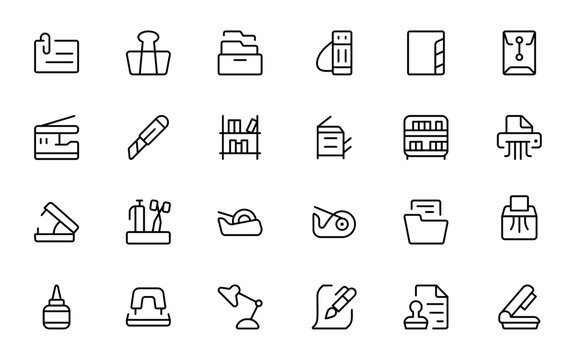 Stationary supply for business office, education or school detailed outline line icon set. can be used for web, logo, UI/UX