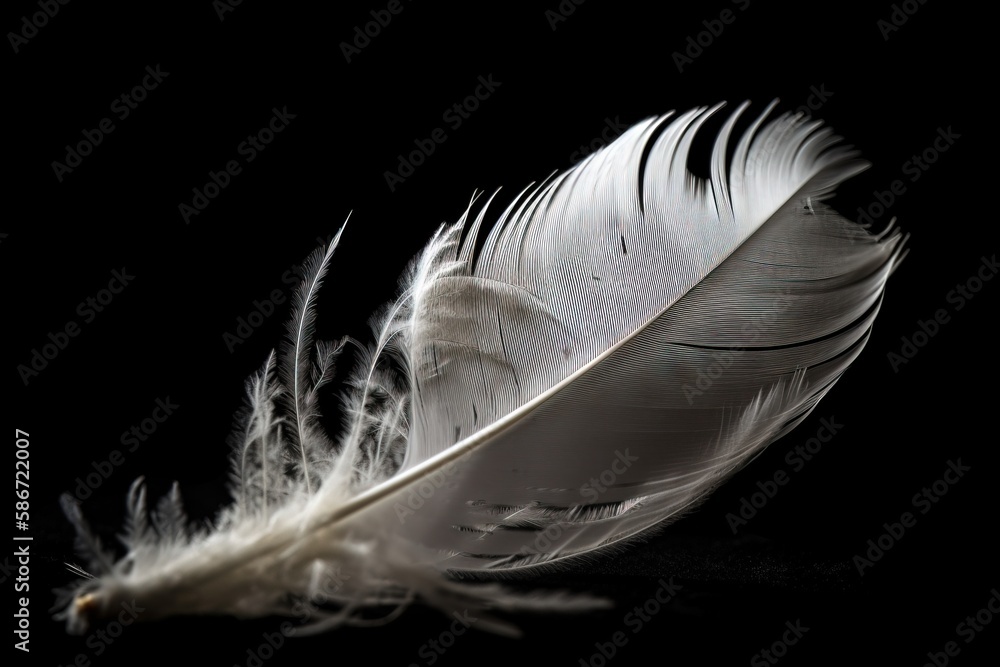 Poster a white feather on a black background with a reflection of the feather on the left side of the image