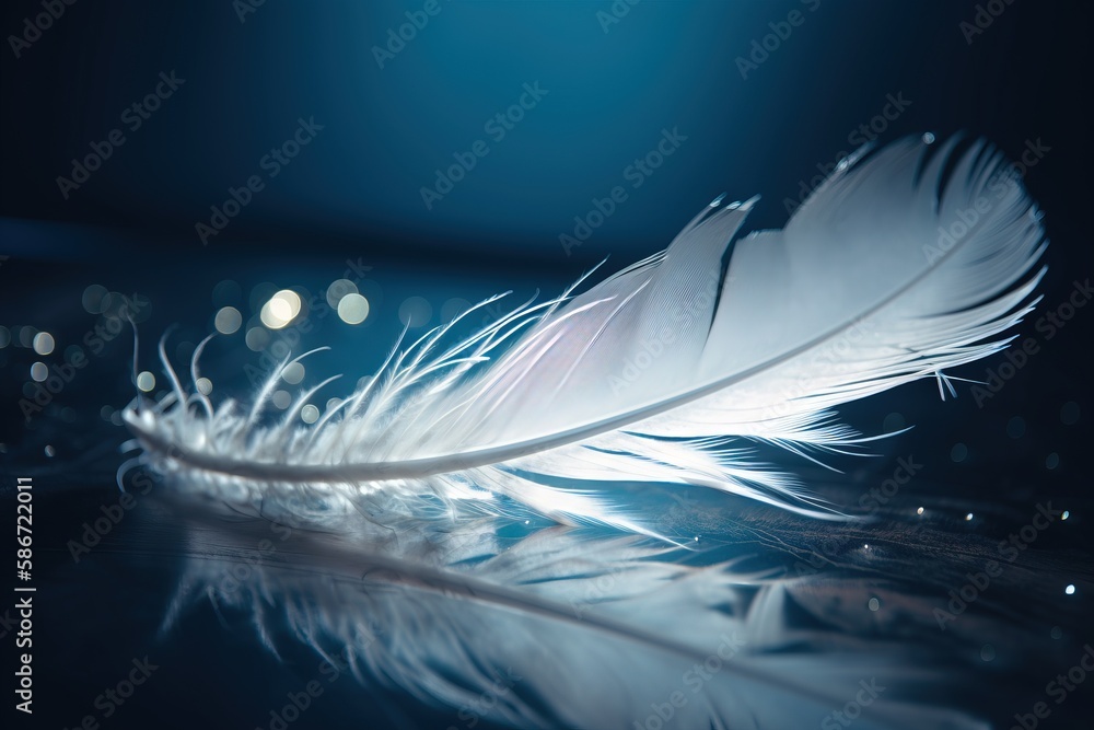 Poster a white feather resting on top of a reflective surface with a blurry light in the back ground behind