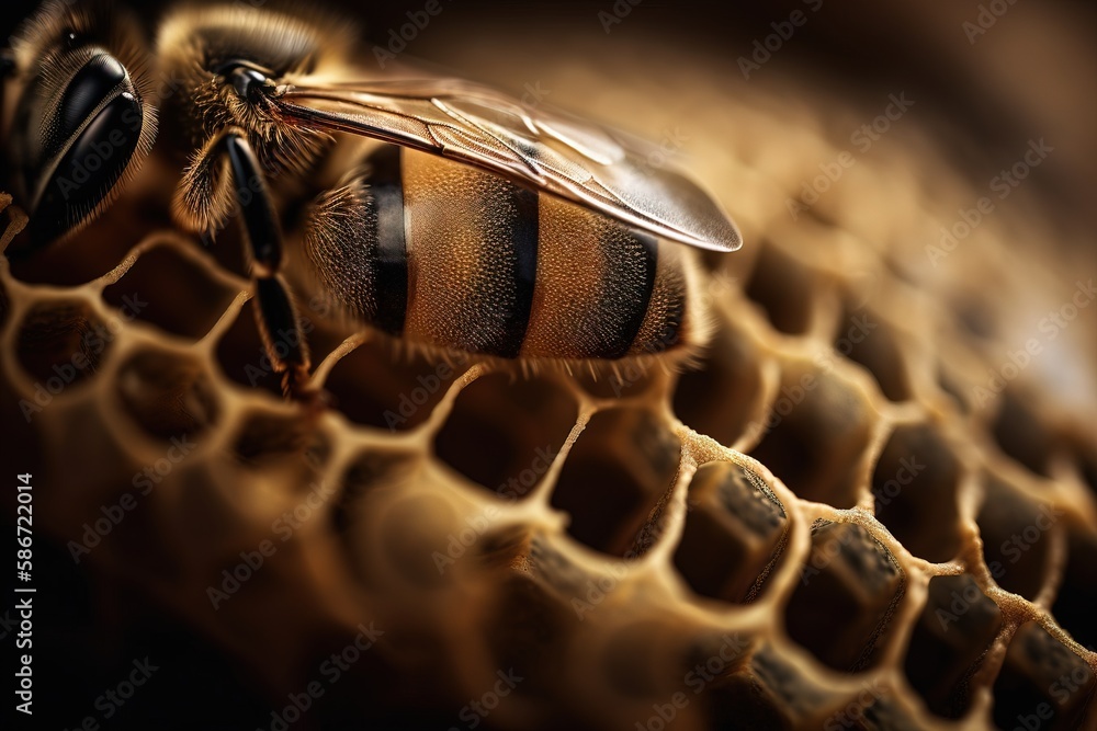 Poster a close up of a honeybee on a honeycomb with a black background and a light reflection of the honeyb