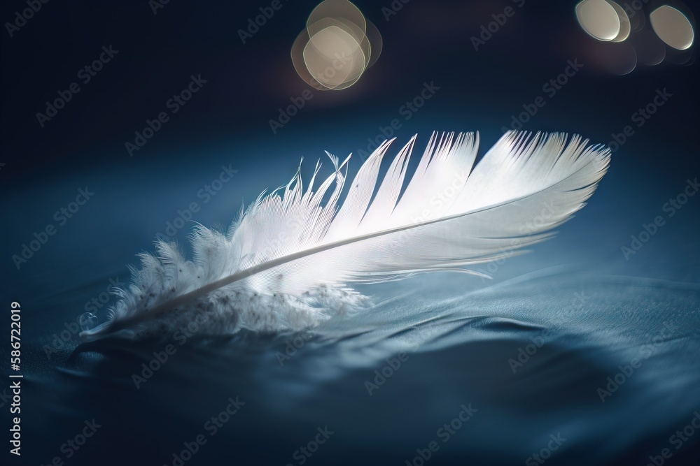 Poster a white feather floating on top of a body of water next to a floating light bulb on a black backgrou