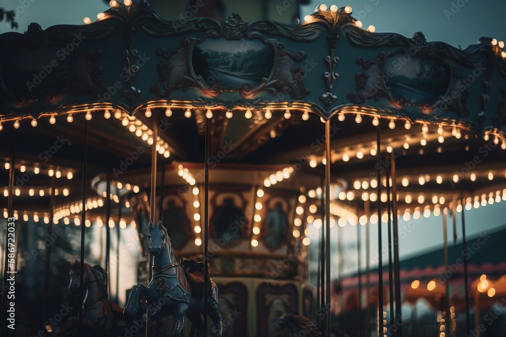 Poster a merry go round with many lights on it's sides and a horse on the top of it's head and a horse on t