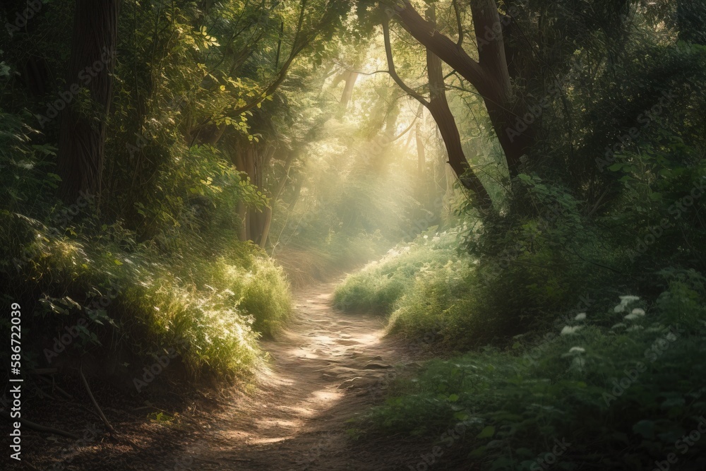 Poster a dirt path in the middle of a forest with sunbeams shining through the trees on either side of the 