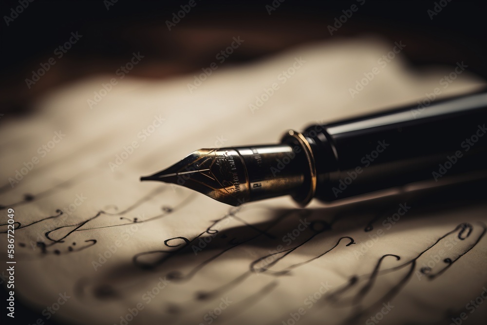 Poster a fountain pen on top of a sheet of paper with writing on the paper and ink on the paper it is writi
