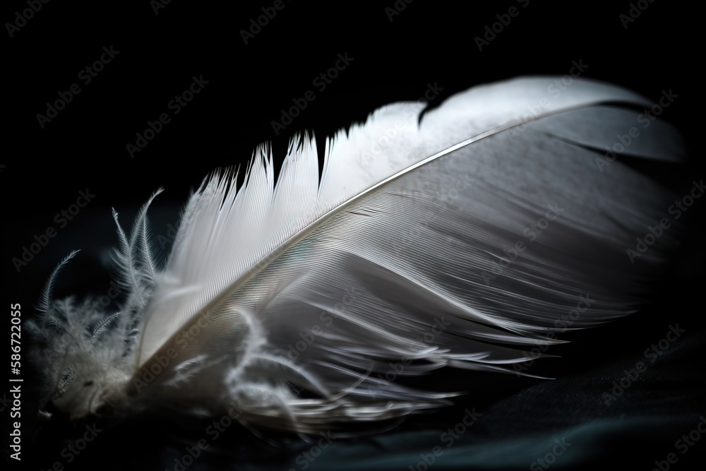 Poster a white feather is laying on a black surface with a black background and a black background with a w