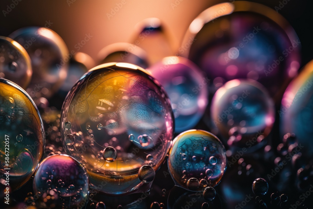 Poster a bunch of bubbles that are sitting on a table top with water droplets all over them and the bubbles