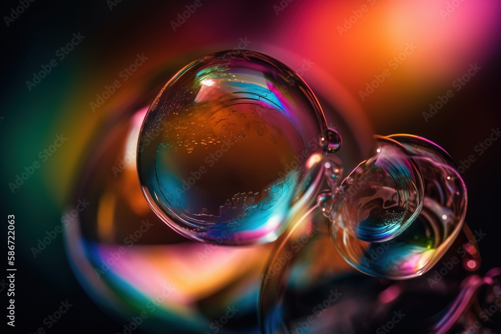 Poster a close up of a water droplet with a multicolored background in the back ground and a black backgrou