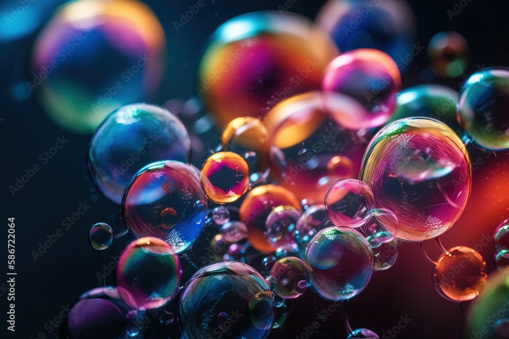 Poster a bunch of soap bubbles floating on top of a black surface with a red light in the middle of the bub