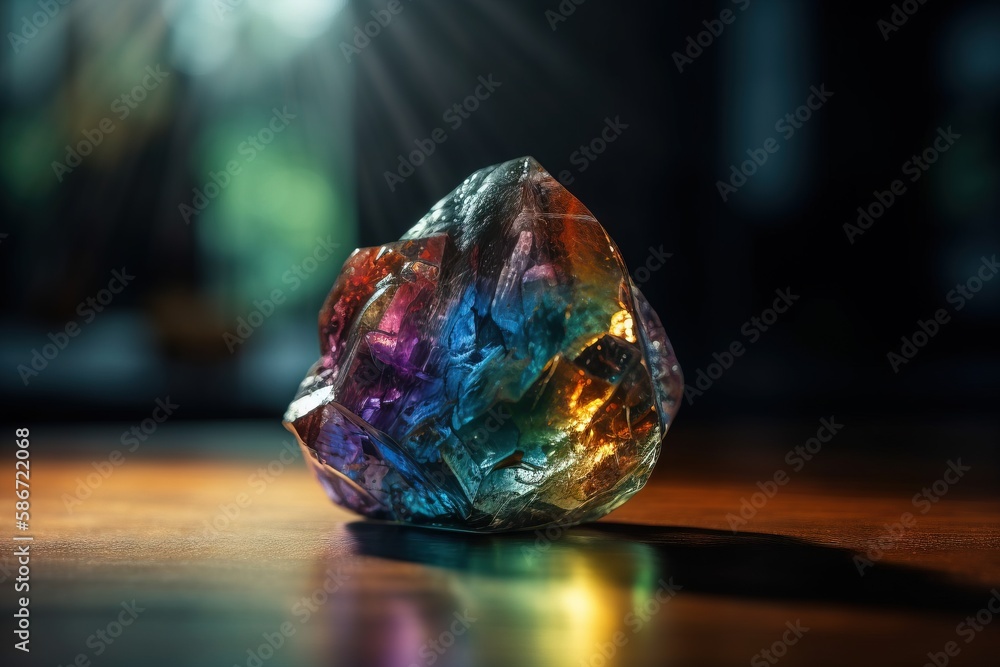 Poster a multicolored diamond sitting on top of a wooden table next to a light shining through the lens of 