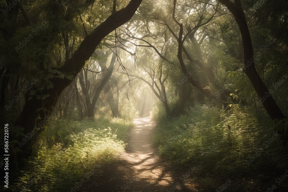 Poster a path through a forest with trees and grass on both sides of it and a light shining through the tre