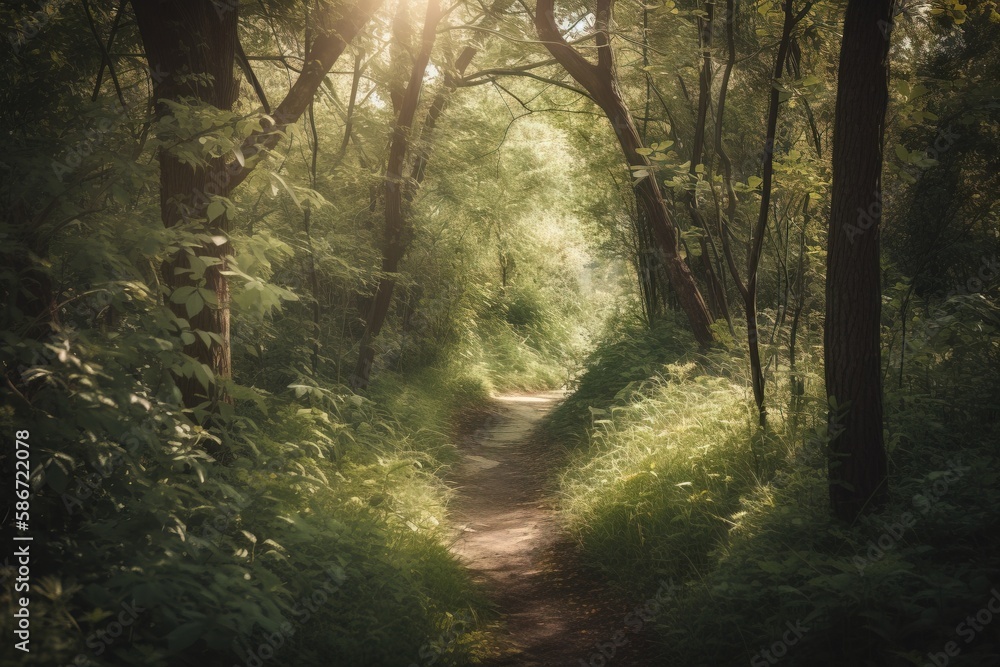 Poster a path in a forest with tall trees and green grass on both sides of the path is surrounded by tall t