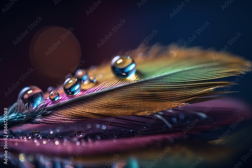 Poster a close up of a feather with drops of water on it's feathers feathers are reflecting off of the wate