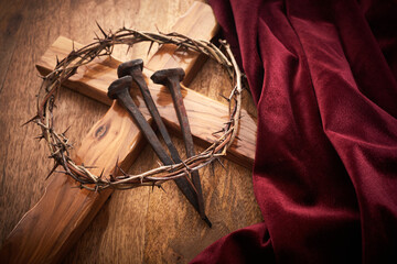 Fototapeta Jesus Crown Thorns and nails on Old and Grunge Background. obraz