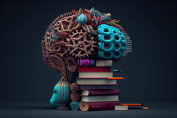 Fototapeta premium Education concept. Stack of books with brain and gears. 3d illustration generative ai