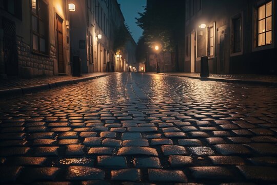  a cobblestone street at night with street lights shining on the buildings and cobblestones on the street and the cobblestones on the ground.  generative ai
