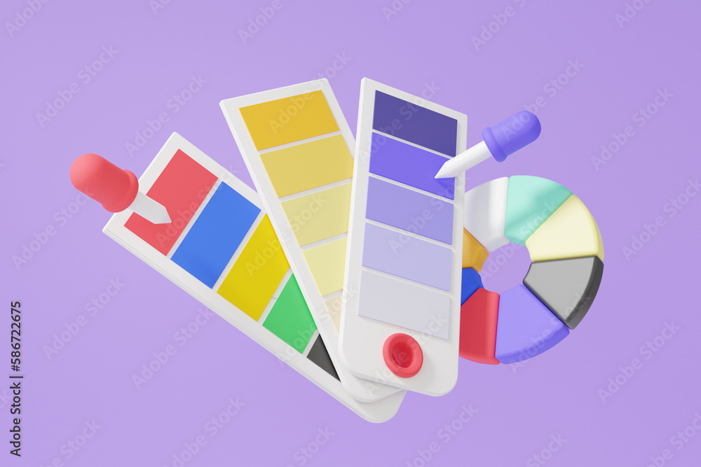 Poster 3d tool suck catalog colors palette guide icon use in design program floating on purple background. 