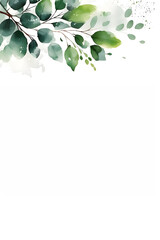 twig with green leaves in watercolor style on white background, a green twig on a light background with copy space for text, soft watercolor foliage on a vertical image in summer style, generative ai