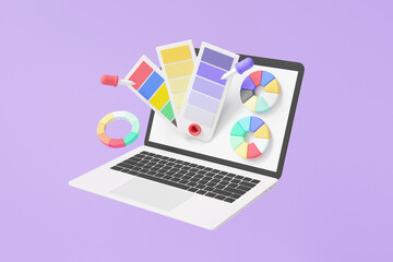 Minimal cartoon colorful creative artwork painting selection colors palette guide samples gradient graphic use in design program computer laptop floating on purple background. 3d render illustration