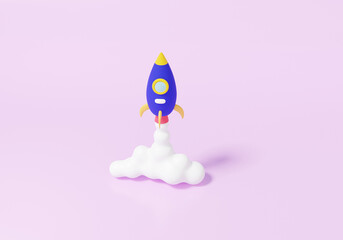 Spaceship rocket spewing smoke fly floating on pink background.  financial business investment start-up concept. future success innovation cartoon minimal cute smooth. 3d rendering illustration
