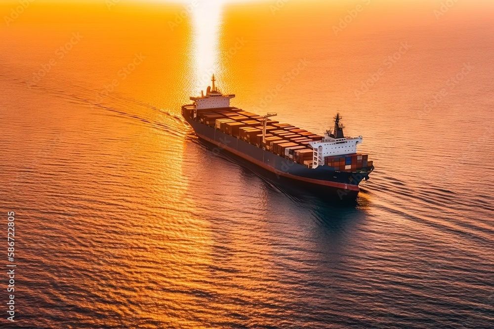 Poster a large cargo ship in the middle of the ocean with a sun setting in the background and a small boat 