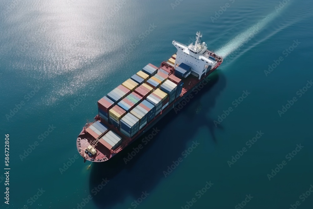 Aufkleber a large container ship sailing in the ocean with a lot of containers on it's side and a tug boat in 