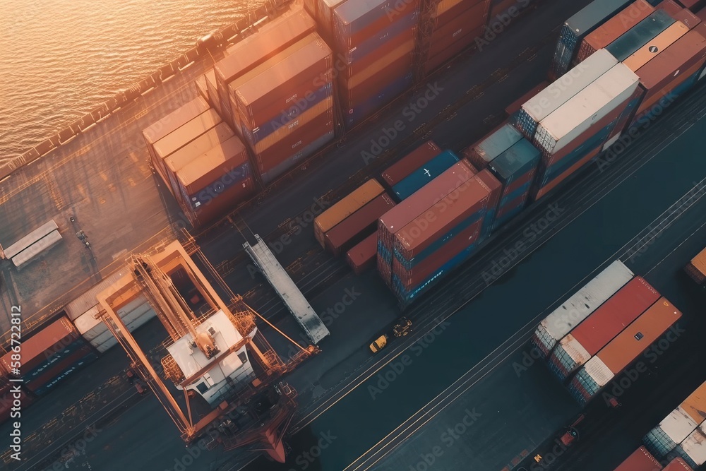 Poster an aerial view of a cargo ship with containers in the foreground and a barge in the background in th