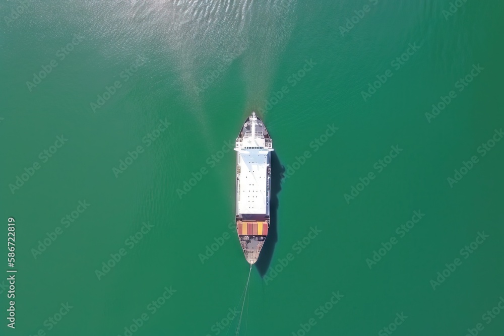 Poster a large boat in the middle of a body of water with a tug rope attached to the side of it and a small