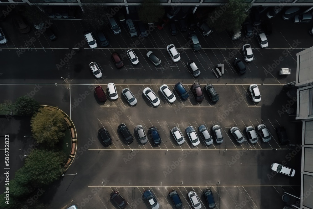 Poster an overhead view of a parking lot with cars parked in it and a building in the background with a par