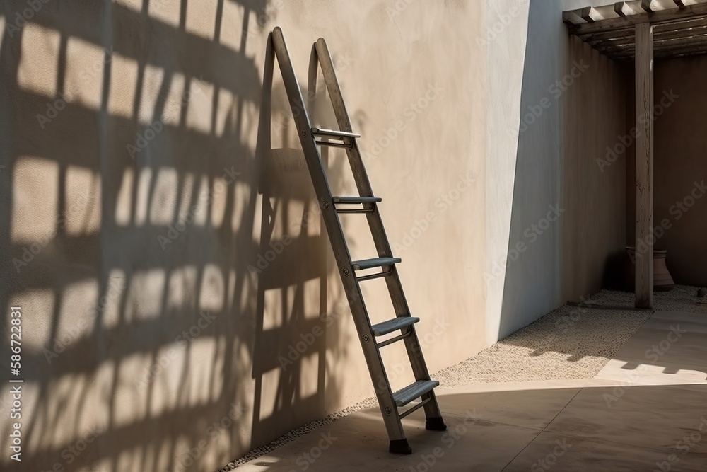 Poster a ladder leaning against a wall with a shadow on it's wall and a building in the background with a d