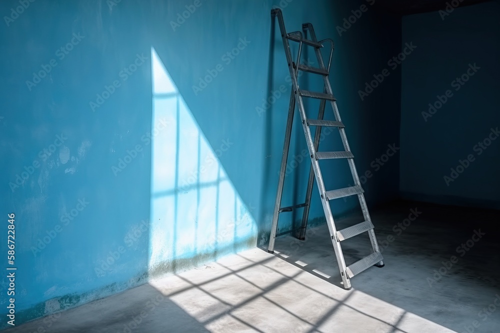 Poster a ladder leaning against a blue wall in a room with a window and a shadow of a ladder on the wall an