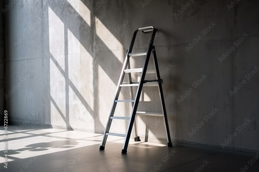 Poster a ladder leaning against a wall in a room with sunlight coming through the window and casting a shad