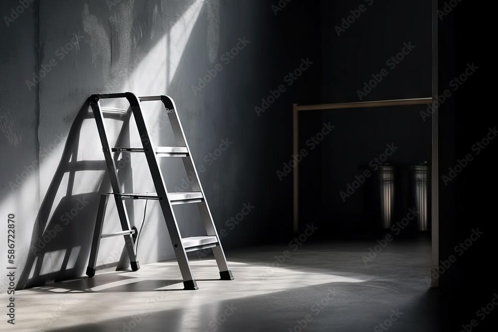 Poster a ladder leaning against a wall in a dark room with a light coming through the window and casting a 