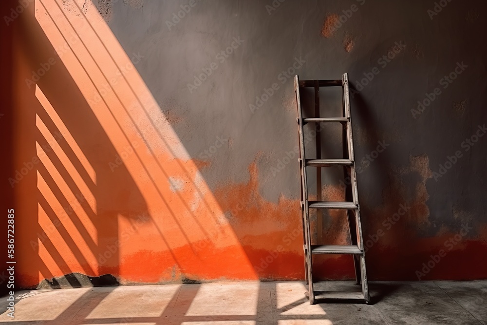 Poster a ladder leaning against a wall in a room with orange walls and a shadow of a ladder on the floor in