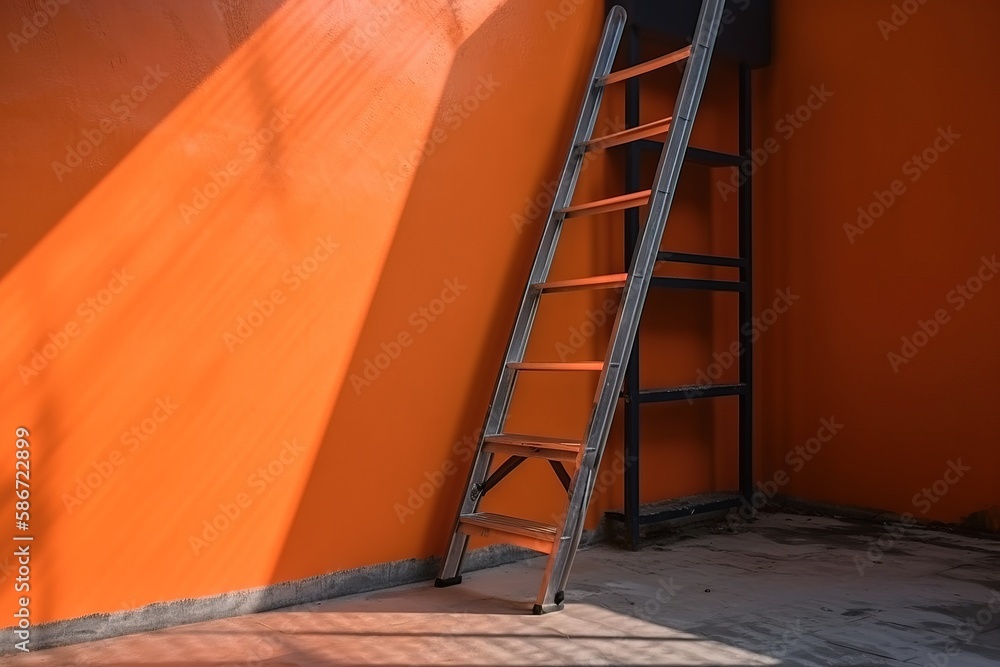 Poster a ladder leaning against an orange wall next to a window with a light shining on it and a shadow of 