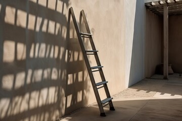  a ladder leaning against a wall with a shadow on it's wall and a building in the background with a door and a window.  generative ai