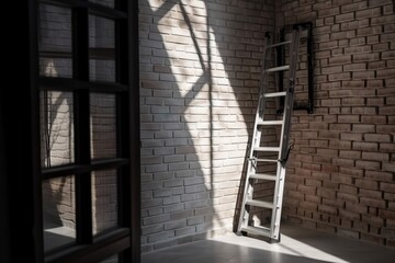  a ladder leaning against a brick wall in a room with a window and a brick wall in the background with a window open to the side.  generative ai