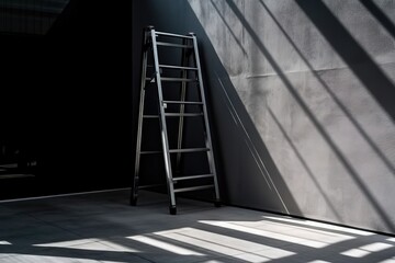  a ladder leaning against a wall in a room with a light coming through the window and casting a shadow on the wall behind it,.  generative ai
