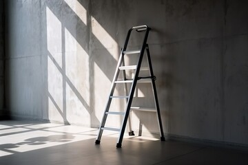  a ladder leaning against a wall in a room with sunlight coming through the window and casting a shadow on the wall and floor below it.  generative ai