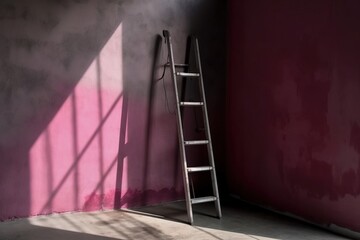  a ladder leaning against a wall with a pink painted wall behind it and a shadow of a ladder on the wall and a pink painted wall behind it.  generative ai