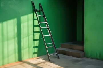  a ladder leaning against a green wall next to a set of steps with a shadow cast on the wall and a shadow cast on the floor.  generative ai
